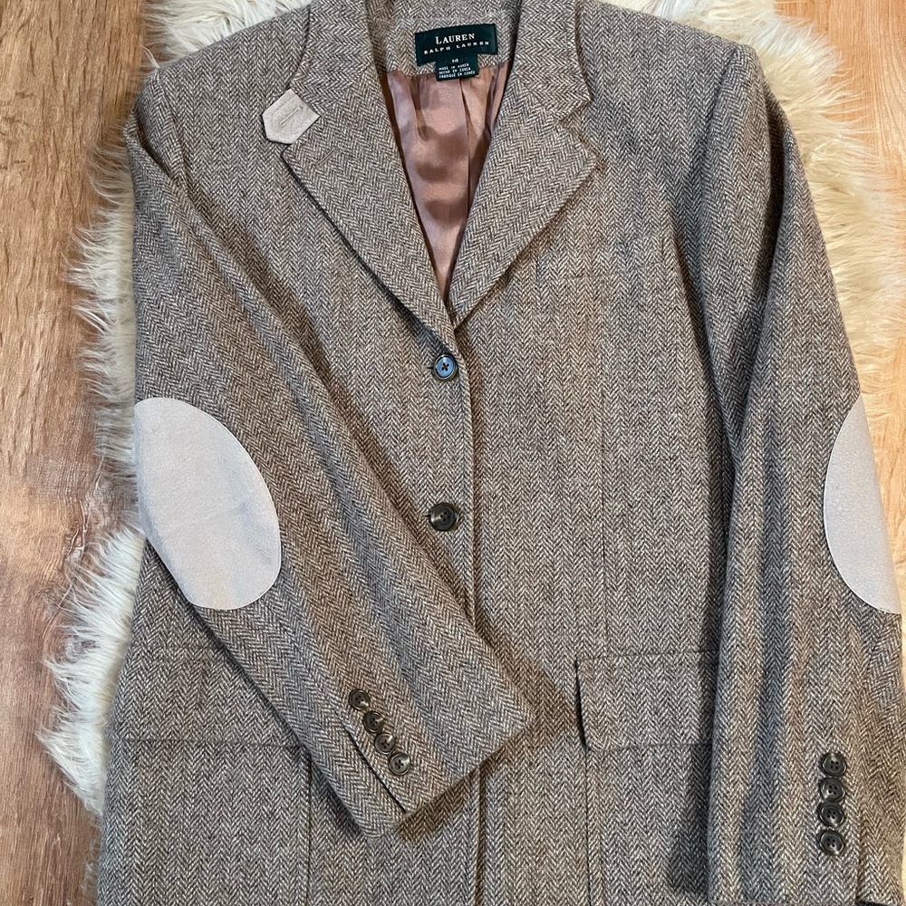 Ralph Lauren Brown and Tan Herringbone Blazer with Elbow Patches